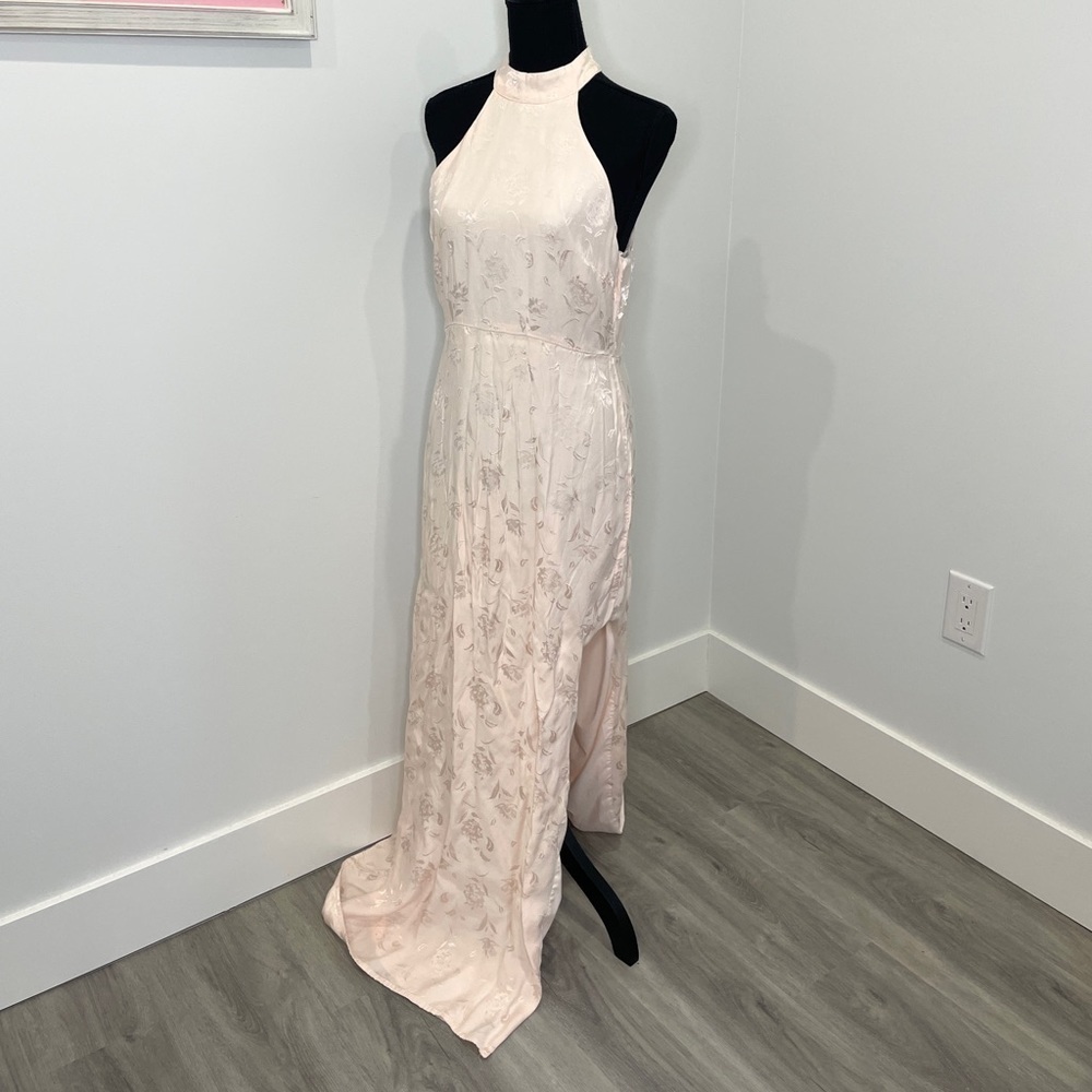 LULU’S Light Pink Floral High Neck Slit Maxi Dress
